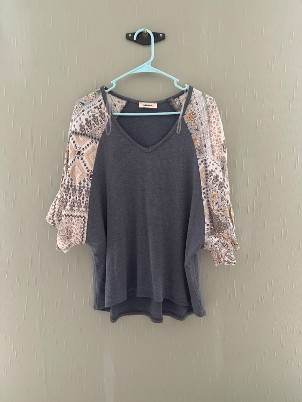 ADORA Charcoal V-Neck Top with Paisley Shoulder Accents